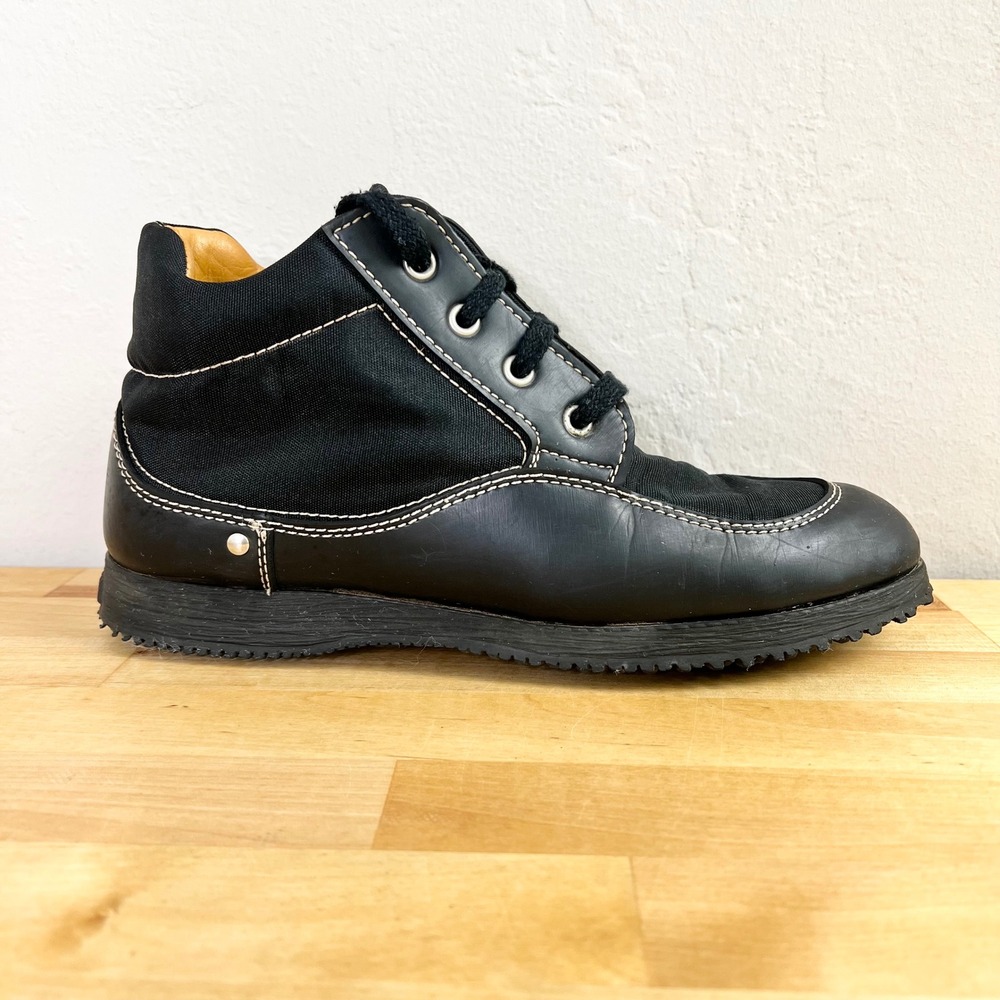 Hogan Black Leather Canvas Lace Up Ankle Boots Italian Designer Shoes‎ Size 39